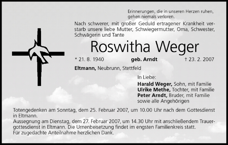  Traueranzeige für Roswitha Weger vom 24.02.2007 aus MGO