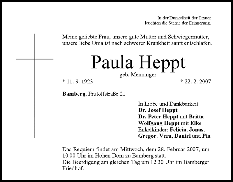  Traueranzeige für Paula Heppt vom 24.02.2007 aus MGO