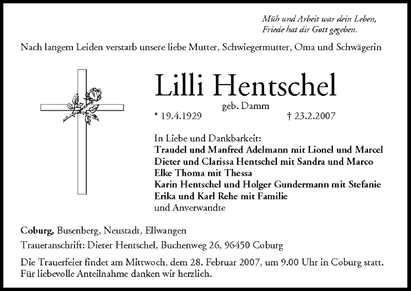  Traueranzeige für Lilli Hentschel vom 24.02.2007 aus MGO