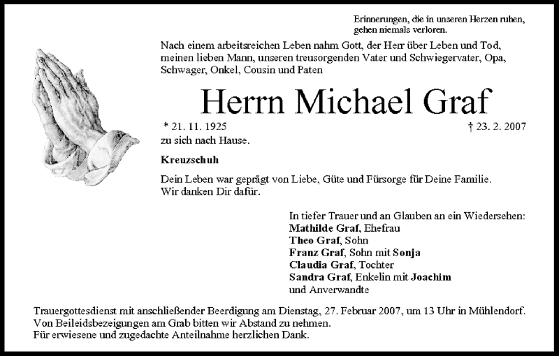  Traueranzeige für Michael Graf vom 26.02.2007 aus MGO