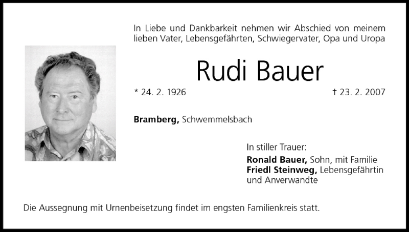  Traueranzeige für Rudi Bauer vom 26.02.2007 aus MGO