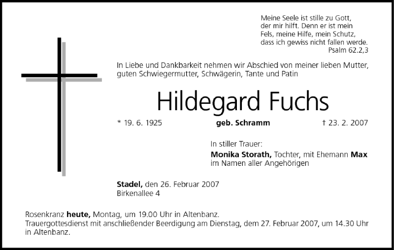  Traueranzeige für Hildegard Fuchs vom 26.02.2007 aus MGO