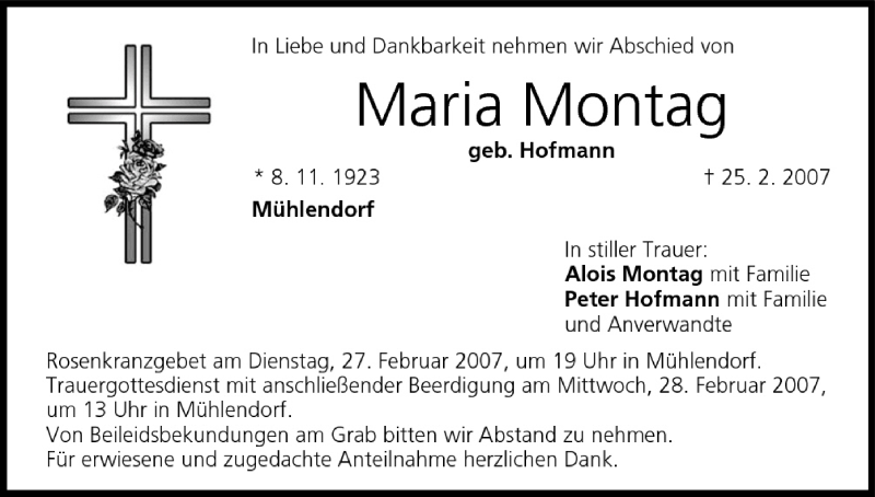  Traueranzeige für Maria Montag vom 26.02.2007 aus MGO