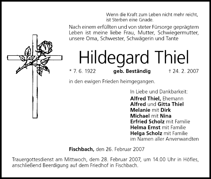  Traueranzeige für Hildegard Thiel vom 26.02.2007 aus MGO