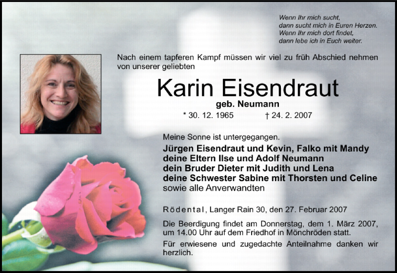  Traueranzeige für Karin Eisendraut vom 27.02.2007 aus MGO