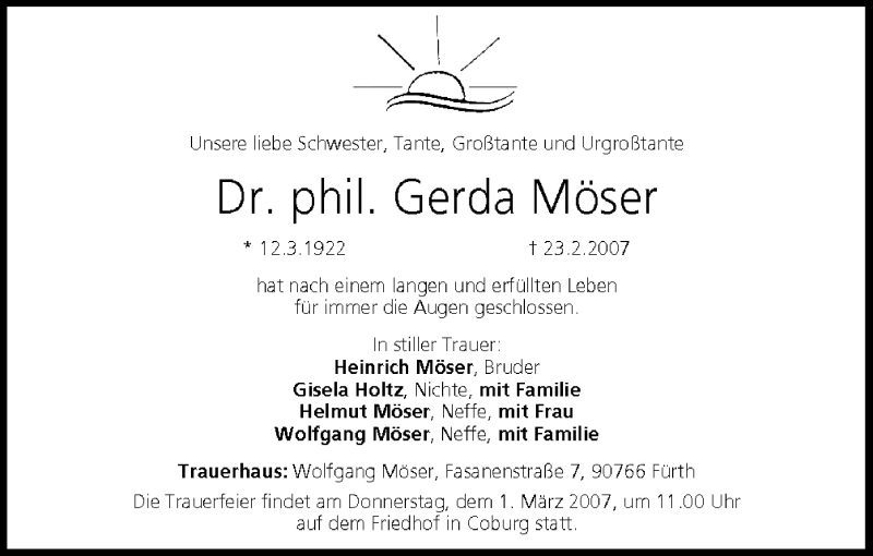  Traueranzeige für Gerda Möser vom 27.02.2007 aus MGO