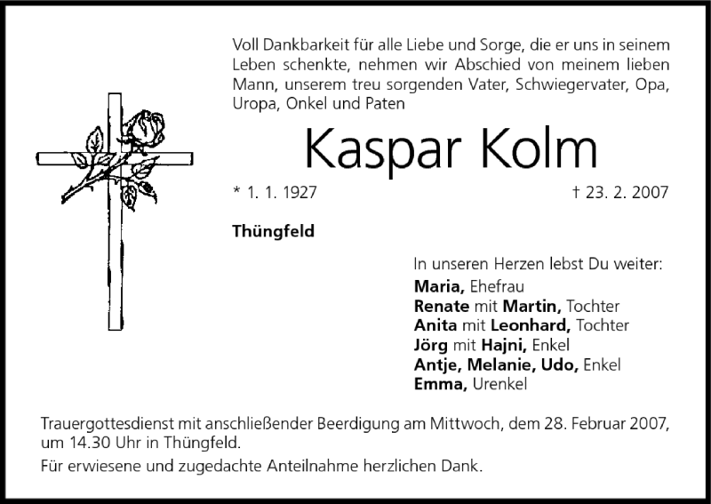  Traueranzeige für Kaspar Kolm vom 27.02.2007 aus MGO