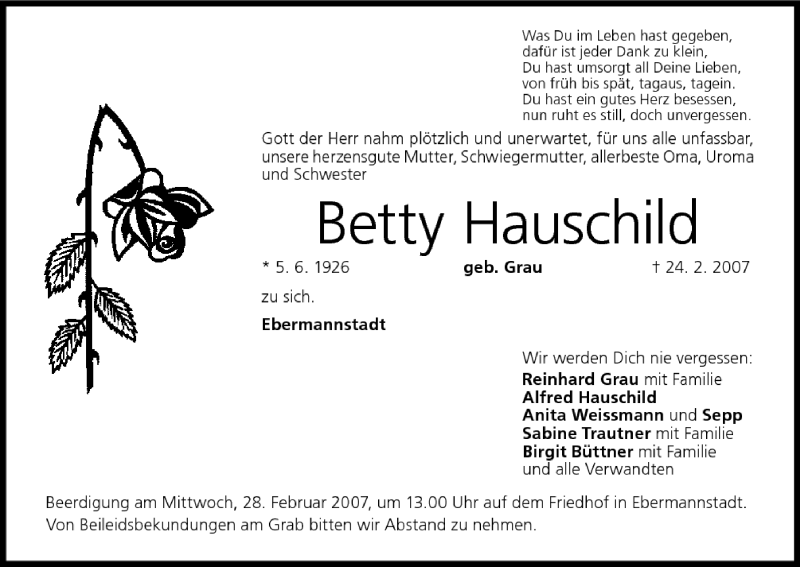  Traueranzeige für Betty Hauschild vom 27.02.2007 aus MGO