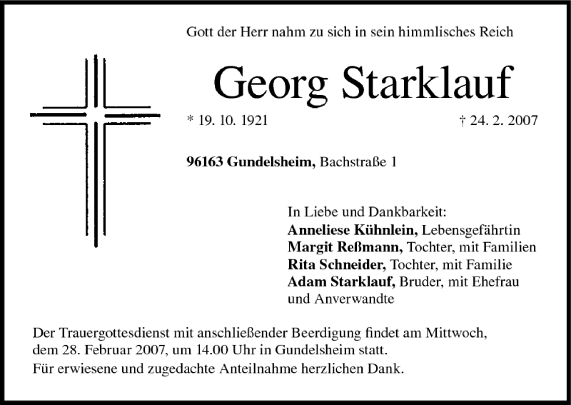  Traueranzeige für Georg Starklauf vom 27.02.2007 aus MGO