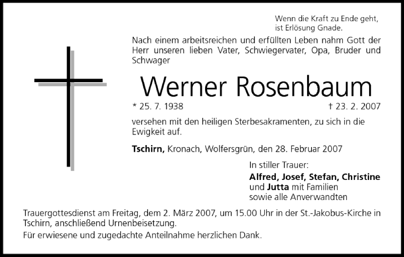  Traueranzeige für Werner Rosenbaum vom 28.02.2007 aus MGO
