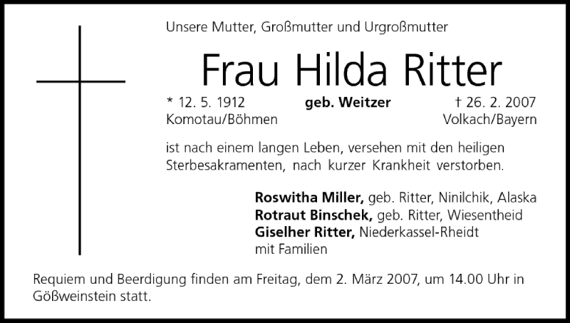  Traueranzeige für Hilda Ritter vom 01.03.2007 aus MGO