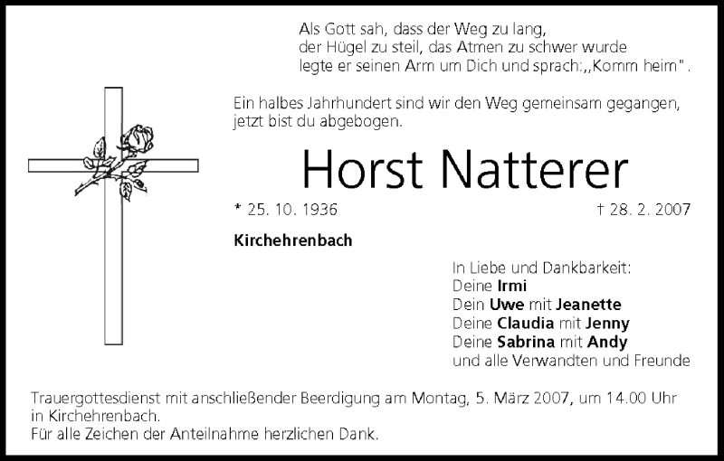  Traueranzeige für Horst Natterer vom 02.03.2007 aus MGO