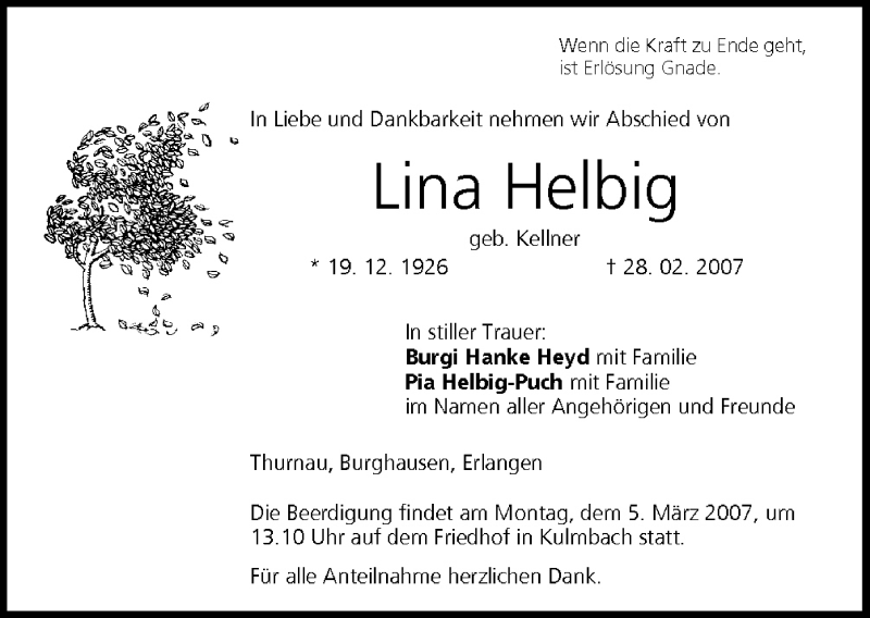  Traueranzeige für Lina Helbig vom 02.03.2007 aus MGO