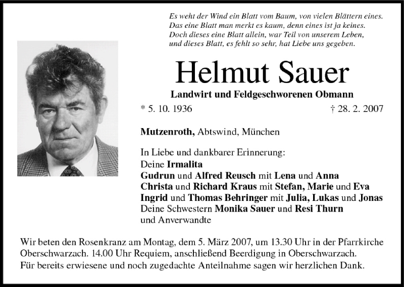  Traueranzeige für Helmut Sauer vom 02.03.2007 aus MGO