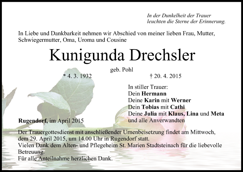  Traueranzeige für Kunigunda Drechsler vom 27.04.2015 aus MGO