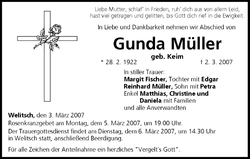  Traueranzeige für Gunda Müller vom 03.03.2007 aus MGO