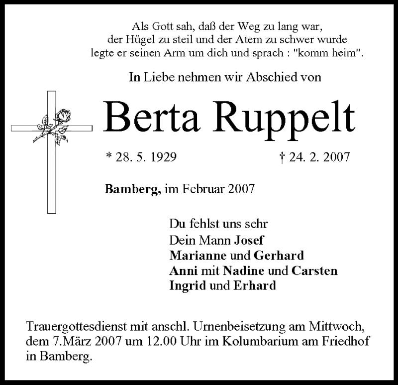  Traueranzeige für Berta Ruppelt vom 05.03.2007 aus MGO