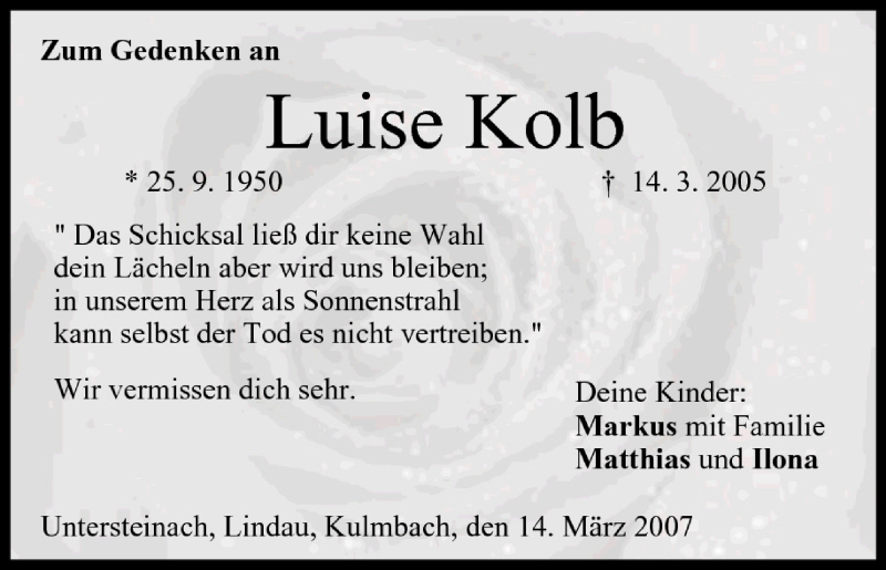  Traueranzeige für Luise Kolb vom 14.03.2007 aus MGO