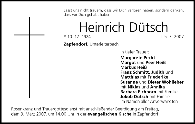  Traueranzeige für Heinrich Dütsch vom 07.03.2007 aus MGO
