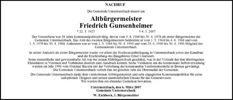  Traueranzeige für Friedrich Gunsenheimer vom 07.03.2007 aus MGO