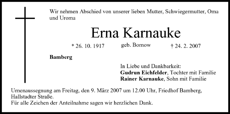  Traueranzeige für Erna Kamauke vom 07.03.2007 aus MGO