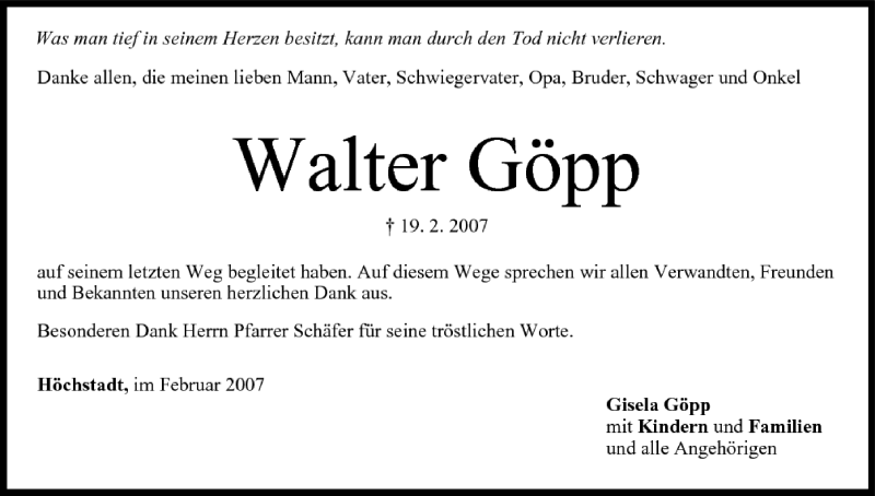  Traueranzeige für Walter Göpp vom 07.03.2007 aus MGO