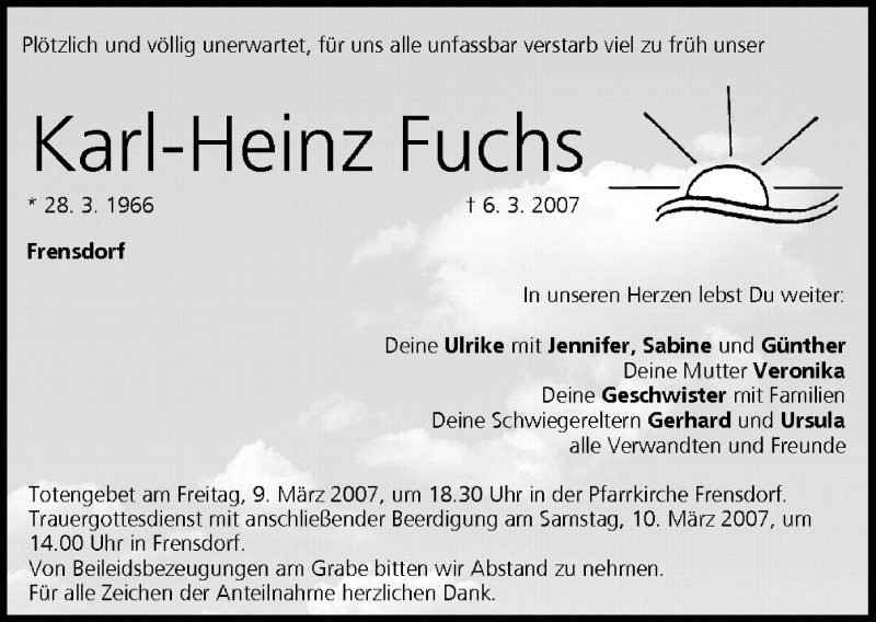  Traueranzeige für Karl Heinz Fuchs vom 08.03.2007 aus MGO