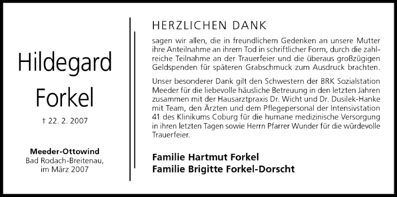  Traueranzeige für Hildegard Forkel vom 10.03.2007 aus MGO