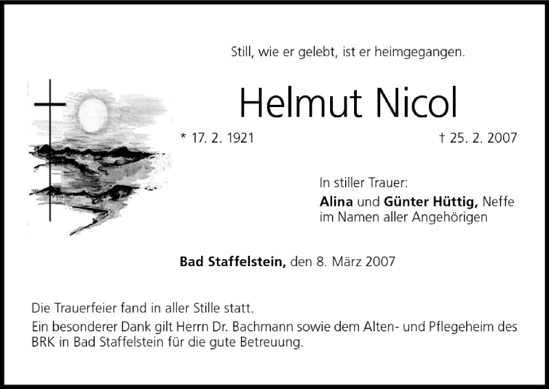  Traueranzeige für Helmut Nicol vom 08.03.2007 aus MGO