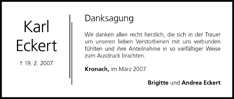  Traueranzeige für Karl Eckert vom 10.03.2007 aus MGO