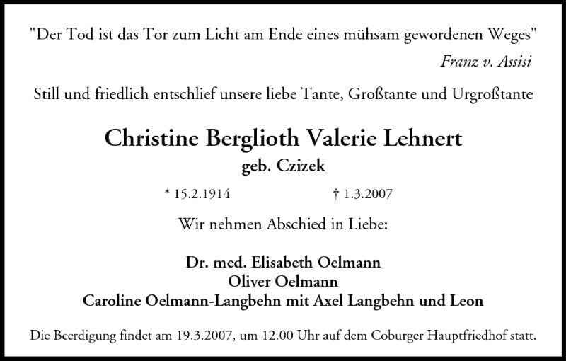  Traueranzeige für Christine Berglioth Valerie Lehnert vom 10.03.2007 aus MGO