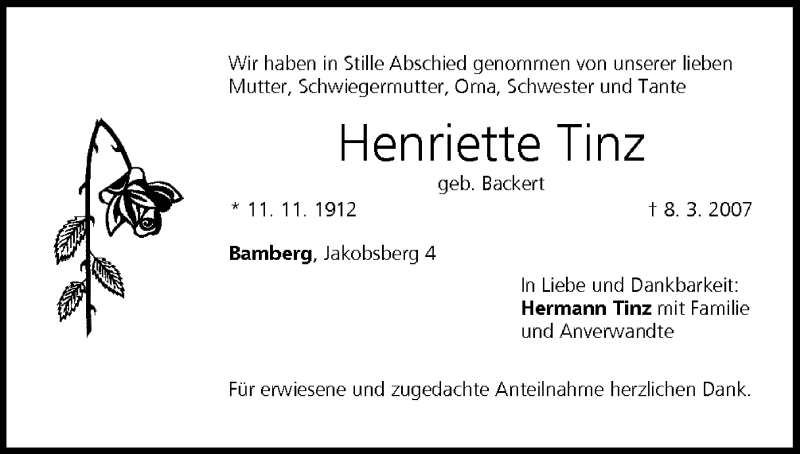  Traueranzeige für Henriette Tinz vom 14.03.2007 aus MGO