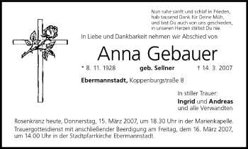 Anna Gebauer | Traueranzeige | trauer.inFranken.de