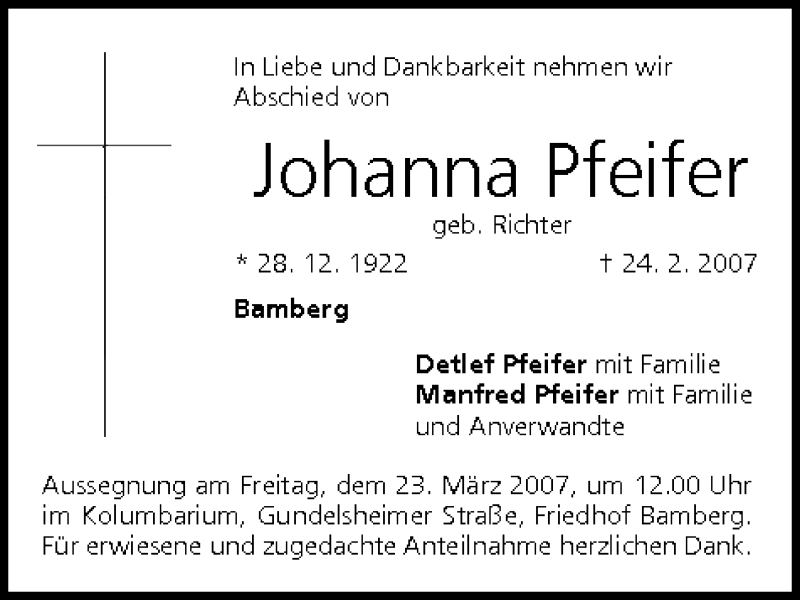  Traueranzeige für Johanna Pfeifer vom 21.03.2007 aus MGO