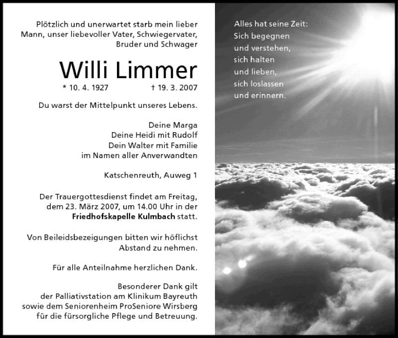  Traueranzeige für Willi Limmer vom 22.03.2007 aus MGO