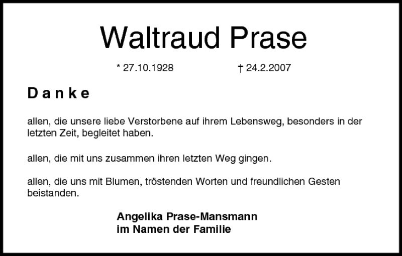  Traueranzeige für Waltraud Prase vom 24.03.2007 aus MGO
