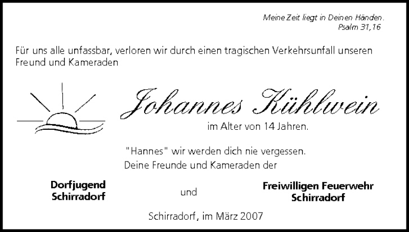  Traueranzeige für Johannes Kühlwein vom 30.03.2007 aus MGO