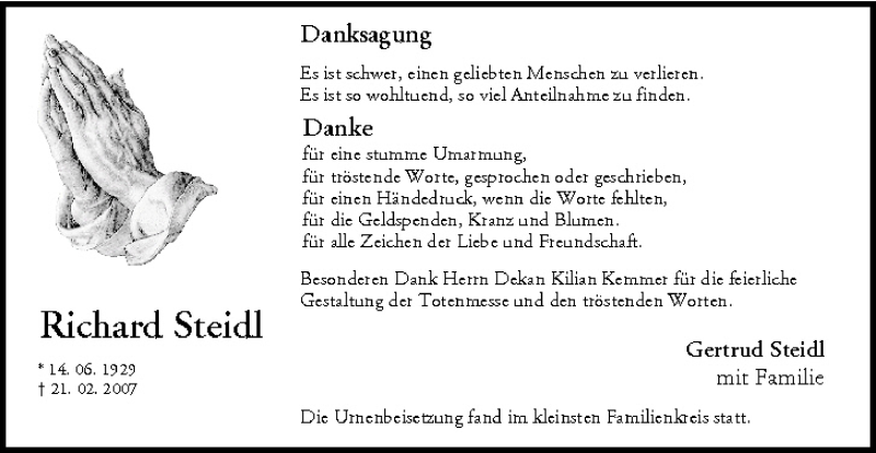  Traueranzeige für Richard Steidl vom 30.03.2007 aus MGO