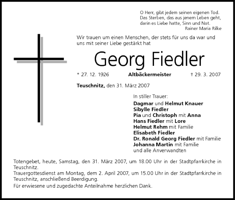  Traueranzeige für Georg Fiedler vom 31.03.2007 aus MGO