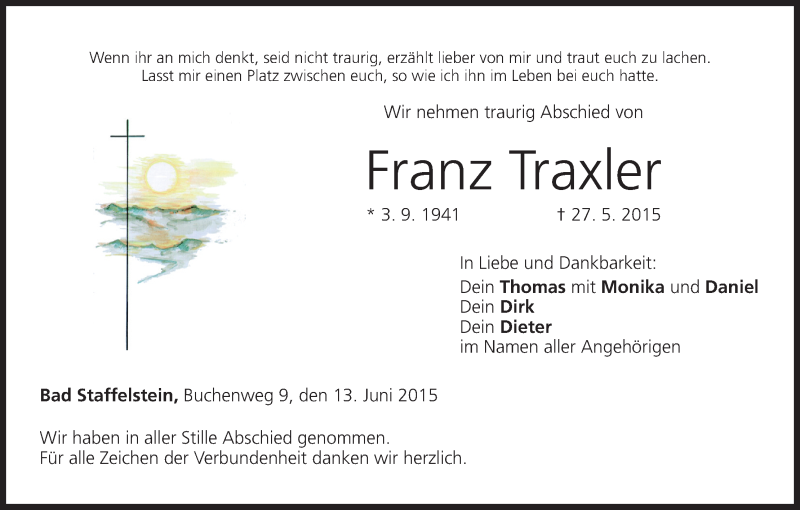  Traueranzeige für Franz Traxler vom 13.06.2015 aus MGO