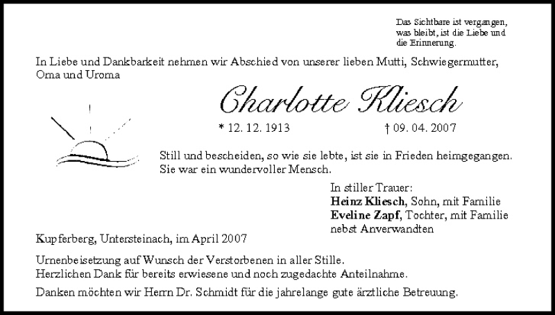  Traueranzeige für Charlotte Kliesch vom 11.04.2007 aus MGO