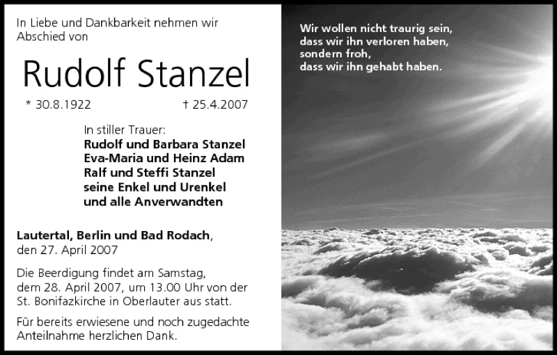  Traueranzeige für Rudolf Stanzel vom 27.04.2007 aus MGO