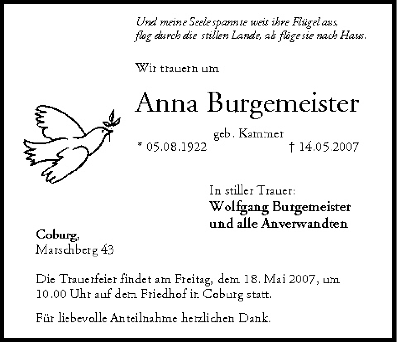  Traueranzeige für Anna Burgemeister vom 16.05.2007 aus MGO