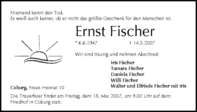  Traueranzeige für Ernst Fischer vom 16.05.2007 aus MGO