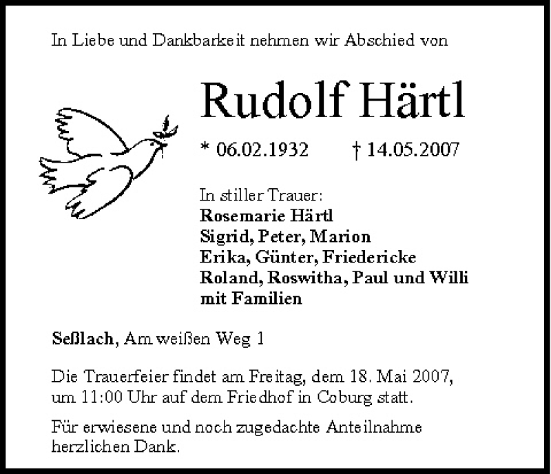  Traueranzeige für Rudolf Härtl vom 16.05.2007 aus MGO