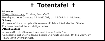 Anzeige von Totentafel vom 19.05.2007 von MGO