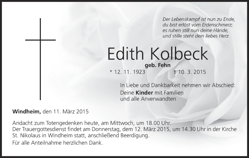  Traueranzeige für Edith Kolbeck vom 11.03.2015 aus MGO