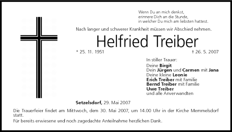  Traueranzeige für Helfried Treiber vom 29.05.2007 aus MGO