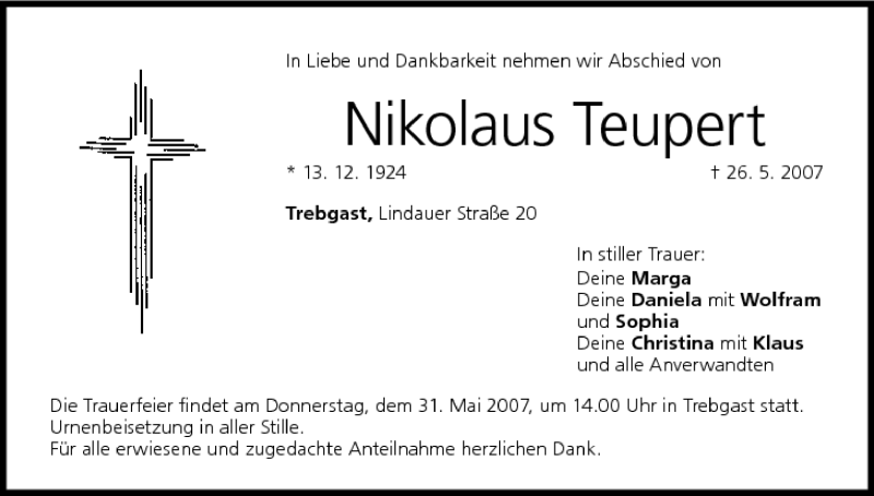  Traueranzeige für Nikolaus Teupert vom 29.05.2007 aus MGO