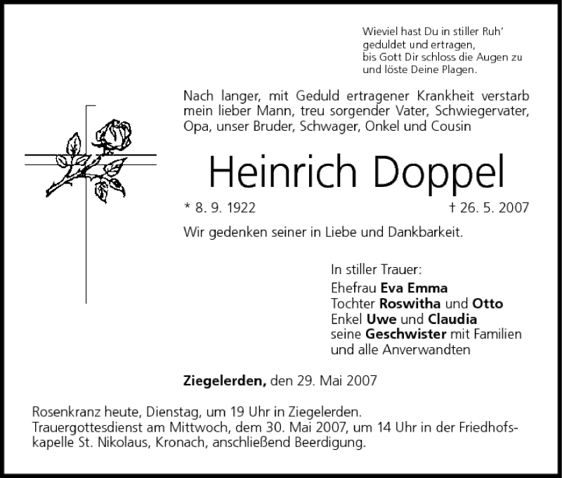  Traueranzeige für Heinrich Doppel vom 29.05.2007 aus MGO